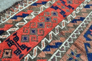Baluch rug with Gurbaghe Guls and rare border, all natural colors including a nice lavender and purple, 19th c. piece in good original condition without repairs.
Side selvages in good original condition and  ...