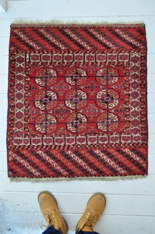 Tekke Turkmen Wedding Rug, great condition, full fluffy pile, lovely natural colors, just some old glue around the perimeter on the back but it seems to be removable. I have not tried  ...