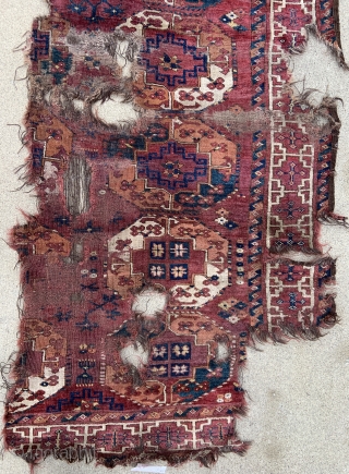 Ersari Turkmen Main Carpet fragment with great colors - rare liver purple ground, glossy wool and classic early drawing - reasonably priced           