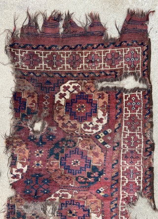 Ersari Turkmen Main Carpet fragment with great colors - rare liver purple ground, glossy wool and classic early drawing - reasonably priced           