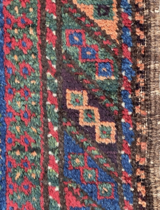 Baluch Balisht with dripping colors, greens, blues, purple and yummy apricot, excellent condition, well kept and preserved. - mete@yorukruggallery.com              