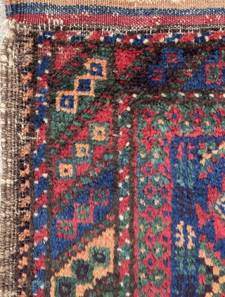 Baluch Balisht with dripping colors, greens, blues, purple and yummy apricot, excellent condition, well kept and preserved. - mete@yorukruggallery.com              