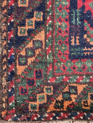 Baluch Balisht with dripping colors, greens, blues, purple and yummy apricot, excellent condition, well kept and preserved. - mete@yorukruggallery.com              