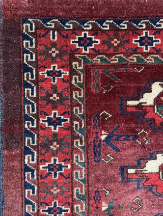Yomud/Yomut group Turkmen chuval with early features, tight weave, beautiful saturated natural colors including nice green, yellow and light blue on an abrashed ground. - c.1850 - 44" x 29" - 112  ...