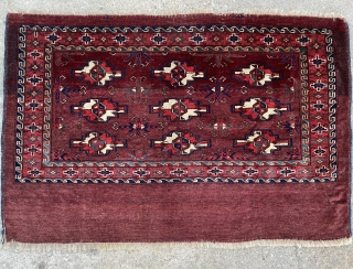 Yomud/Yomut group Turkmen chuval with early features, tight weave, beautiful saturated natural colors including nice green, yellow and light blue on an abrashed ground. - c.1850 - 44" x 29" - 112  ...