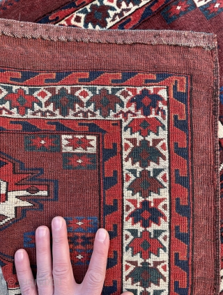 Turkmen Yomud/Yomut group chuval with high quality wool, top colors, tight weave, specious drawing and a wonderful border - c. 1850-60 - 45" x 32" - 114 x 82 cm   