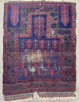 Early & Rare Timuri Baluch Prayer Rug with minute silk highlights, no repairs, deep saturated colors, signs of wear consistent with use as a prayer rug - 3'6 x 4'9 - 110  ...