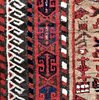 Khorassan Baluch rug with camel field, great colors and rare design - 3’7 x 5’5 - 110 x 165 cm. - asymmetric open right with heavily depressed warps.     