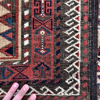 Khorassan Baluch rug with camel field, great colors and rare design - 3’7 x 5’5 - 110 x 165 cm. - asymmetric open right with heavily depressed warps.     