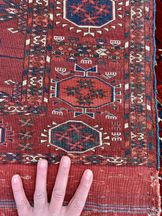 A Fine Turkmen Tekke Main carpet with Big round Guls, top quality wool, saturated colors and super tight weave, some well done old repairs - has it all - smaller older size  ...