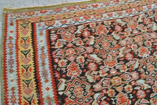 Antique Senneh Kilim - 4'4 x 6'5 - 132 x 195 cm. - circa 1900 - has several small old reweaves, largest one on the yellow border about 2" square otherwise the  ...