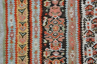 Antique Senneh Kilim - 4'4 x 6'5 - 132 x 195 cm. - circa 1900 - has several small old reweaves, largest one on the yellow border about 2" square otherwise the  ...