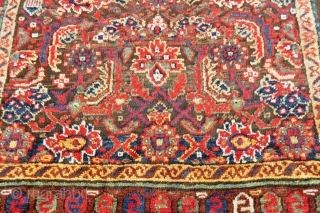 19th c. Northwest Persian Sauj Bulagh rug with thick/glossy pile, nice variations of motifs in the main border, some corrosion in the brown field, in original as found condition, no repairs, dirty  ...