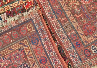 19th c. Northwest Persian Sauj Bulagh rug with thick/glossy pile, nice variations of motifs in the main border, some corrosion in the brown field, in original as found condition, no repairs, dirty  ...