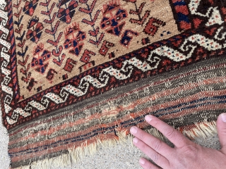 Unusually small Baluch Prayer Rug with camel field and powerful drawing. kilim ends backed with burlap - 2'2 x 3'6 - 66 x 107 cm.        
