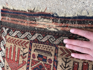 Unusually small Baluch Prayer Rug with camel field and powerful drawing. kilim ends backed with burlap - 2'2 x 3'6 - 66 x 107 cm.        