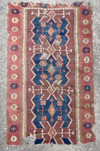 Central Anatolian Obruk Kilim fragment - would benefit from a wash - offered as found and priced low accordingly. about 4'0" x 6'6" - email - mete@yorukruggallery.com      