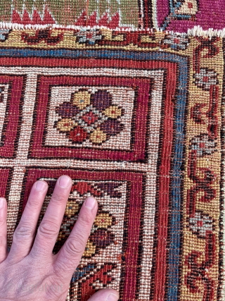 Central Anatolian Prayer Rug with super cool rare geometric border design - great colors as well including a nice deep aubergine -  3’9 x 5’8 – 115 x 173 cm  