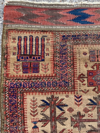 Beautiful Baluch Prayer Rug woven on a camel field with hands of Fatima that have stylized thumbs as birdheads -Good original condition, low even pile. - 2'10 x 4'5 - 87 x  ...