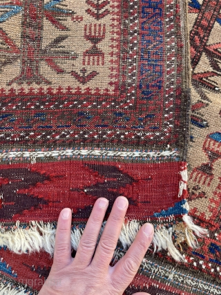 Beautiful Baluch Prayer Rug woven on a camel field with hands of Fatima that have stylized thumbs as birdheads -Good original condition, low even pile. - 2'10 x 4'5 - 87 x  ...
