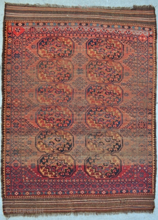 Early Ersari Main Carpet with 2 x 6 large Guls, nice long kilim ends, good variety of border & secondary filler motifs, worn but all original sides and ends, has no old  ...