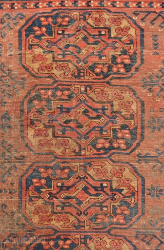 Early Ersari Main Carpet with 2 x 6 large Guls, nice long kilim ends, good variety of border & secondary filler motifs, worn but all original sides and ends, has no old  ...