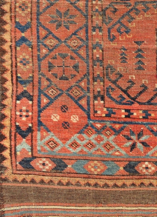 Early Ersari Main Carpet with 2 x 6 large Guls, nice long kilim ends, good variety of border & secondary filler motifs, worn but all original sides and ends, has no old  ...