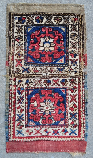 Bergama Heybe bag faces jointed to make a Yastik size rug. 19" x 33" - 48 x 84 cm.              