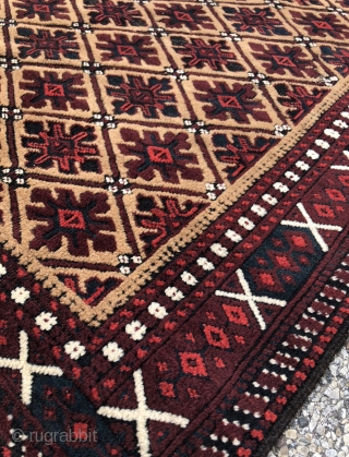 Camel field Baluch with “snow flake” design, excellent wool and saturated colors, tight weave and rare sumak skirts! - 3’2 x 5’8 - 98 x 177 cm.      
