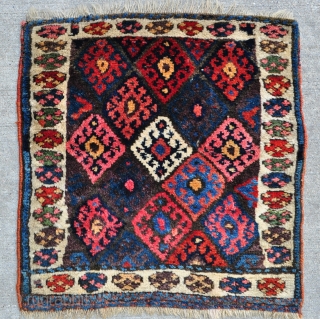 Super Juicy Jaff Bagface with super colors including a very nice aubergine... - 24" x 24" - 60 x 61 cm. - see link for details - http://www.yorukruggallery.com/product/antique-kurdish-jaff-bagface-24-x-24-60-x-61-cm/     