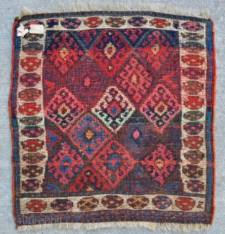 Super Juicy Jaff Bagface with super colors including a very nice aubergine... - 24" x 24" - 60 x 61 cm. - see link for details - http://www.yorukruggallery.com/product/antique-kurdish-jaff-bagface-24-x-24-60-x-61-cm/     