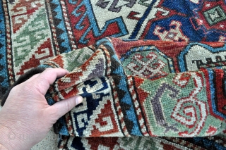 Compare to a piece in the Rudnick's collection - South Caucasian Rug with rare drawing and beautiful colors including a clear green and light purple/lavender, probably from Karabagh area, small size -  ...