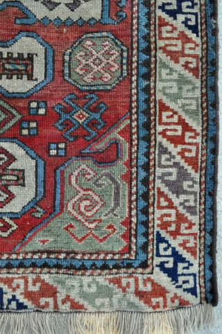 Compare to a piece in the Rudnick's collection - South Caucasian Rug with rare drawing and beautiful colors including a clear green and light purple/lavender, probably from Karabagh area, small size -  ...
