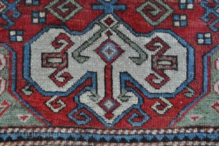 Compare to a piece in the Rudnick's collection - South Caucasian Rug with rare drawing and beautiful colors including a clear green and light purple/lavender, probably from Karabagh area, small size -  ...