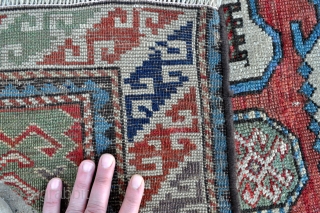 Compare to a piece in the Rudnick's collection - South Caucasian Rug with rare drawing and beautiful colors including a clear green and light purple/lavender, probably from Karabagh area, small size -  ...