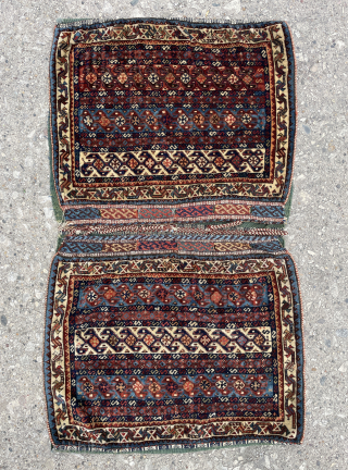 Fine Qashqai Saddle Bags/ Khordjin complete with beautiful green plain kilim back - email - yorukrugs@gmail.com