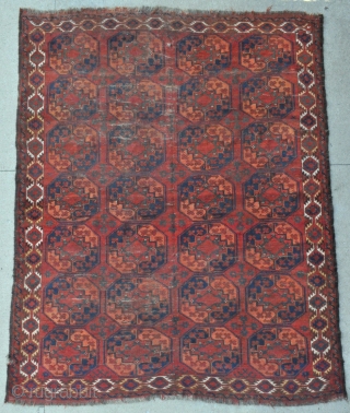 Turkmen Ersari Main Carpet with the Guli-Gul design, cool border and great colors - some wear damages and low pile areas but inexpensive and still usable on the floor - circa 1875  ...