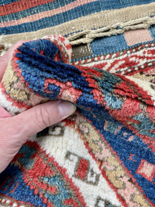 Beautiful Tribal Saddle Bag/Khordjin from southern Caucasus complete with striped kilim back and closure loops. Most likely from Moghan region and possibly woven by a member of the Shahsavan Tribal confederation in  ...