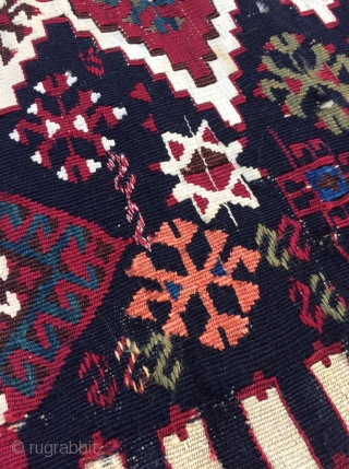 Sometimes it is All in the details! Southeast Anatolian Kilim with incredibly beautiful and varied saturated natural colors, lots of fun tribal filler motifs, some metal tread highlights and many interesting features.  ...