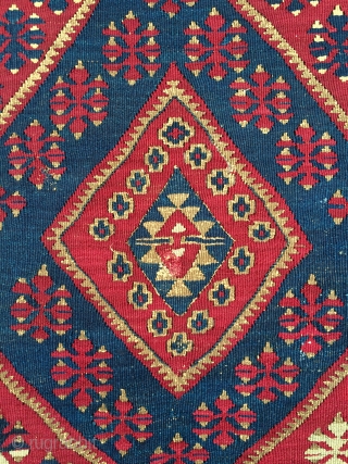 Southeast Anatolian small kilim from Malatya area. Has gold medal thread.  Good condition. About 3' x 5'.               