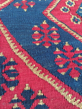 Southeast Anatolian small kilim from Malatya area. Has gold medal thread.  Good condition. About 3' x 5'.               