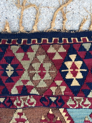 Southeast Anatolian small kilim from Malatya area. Has gold medal thread.  Good condition. About 3' x 5'.               