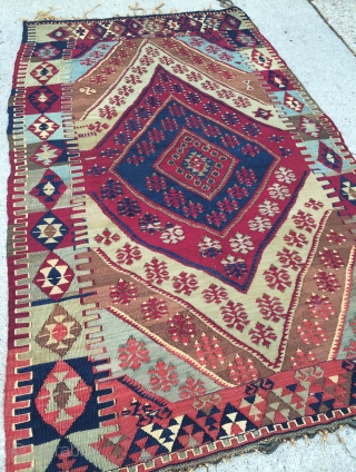 Southeast Anatolian small kilim from Malatya area. Has gold medal thread.  Good condition. About 3' x 5'.               