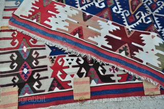 Southeast Anatolian Kilim with crisp natural colors, few small old repairs but great overall condition, most whites are cotton, some are wool and some blended wool and cotton. Previous owner was hanging  ...