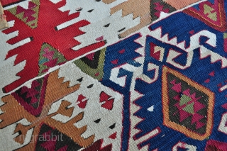 Southeast Anatolian Kilim with crisp natural colors, few small old repairs but great overall condition, most whites are cotton, some are wool and some blended wool and cotton. Previous owner was hanging  ...