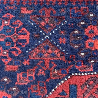 Timuri Baluch Bagface with Star in Octagon surrounded by Guli-Khaf patterns and framed by a well drawn ivory border - Silky glossy wool pile, a bit rough around the edges and old  ...