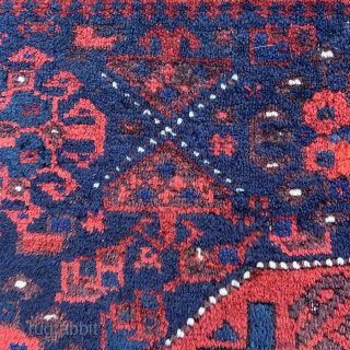 Timuri Baluch Bagface with Star in Octagon surrounded by Guli-Khaf patterns and framed by a well drawn ivory border - Silky glossy wool pile, a bit rough around the edges and old  ...