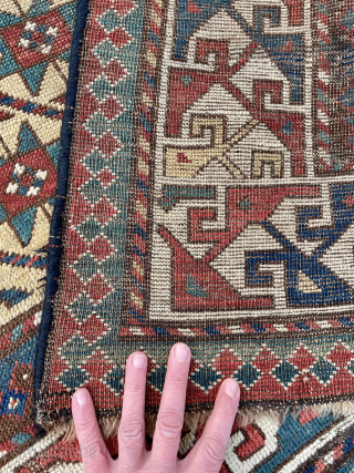 Antique Caucasian Kazak Rug with Star patterns on a yellow field. Circa 3rd quarter of the 19th c. In as found condition - email yorukrugs@gmail.com for price      