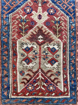 West Anatolian Prayer Rug woven upside down with beautiful colors, including a deep purple, apricot, yellow and gorgeous blues. Preserved in very good original condition. Extra pictures available on request - 4'2  ...