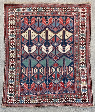 Caucasian Shirvan Rug in nice squarish size with rare pattern and beautiful colors, has some old repairs - extra pictures on request  - 4'0 x 4'7 - 122 x 143 cm. 